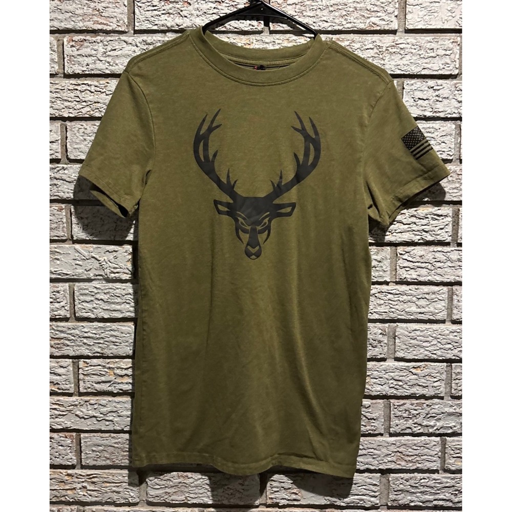 Bucked Up Mens Small T-Shirt Olive Green Deer Logo American Flag Graphic Tee